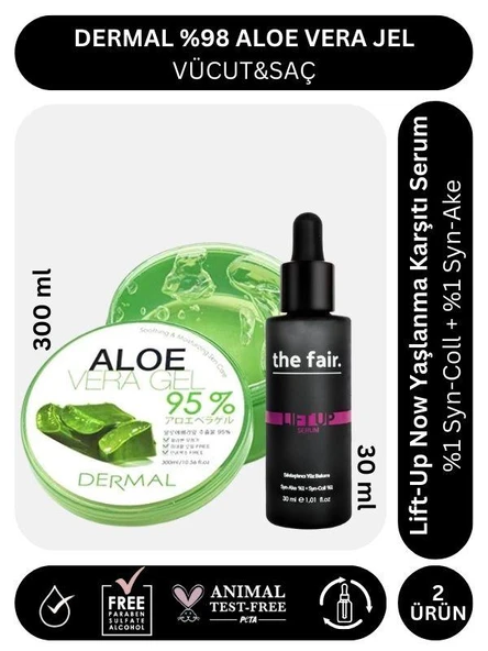 Dermal %98 Aloe Vera Jel Saç Cilt ve Vücut için Nemlendirici 300 ml ve the fair. Lift up 30 ml Serum