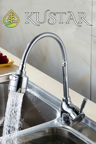 KUSTAR Akro 360 Derece Ayarlamalı 2 Fonksiyonlu Spiralli Boru Aç Kapa Mutfak Eviye Bataryası Sıcak Soğuk - 5