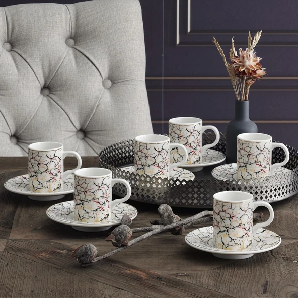 GÜRAL PORSELEN Camelia 12 Parça 6 Kişilik Bone Türk Kahvesi Fincan Takımı - 5605 ürün görseli 1