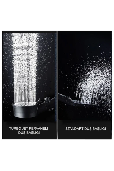 KUSTAR 3'lü Set Siyah 5 Fonksiyonlu Turbo Jet Pervaneli Duş Başlığı Örgülü Hortum Ve Askı - 7