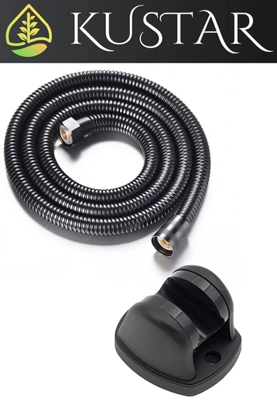 KUSTAR 3'Lü Siyah Çelik Duş Seti Filtreli 5 Fonksiyonlu Duş Başlığı El Duşu 150cm Duş Hortumu ve Duş Askı - 2