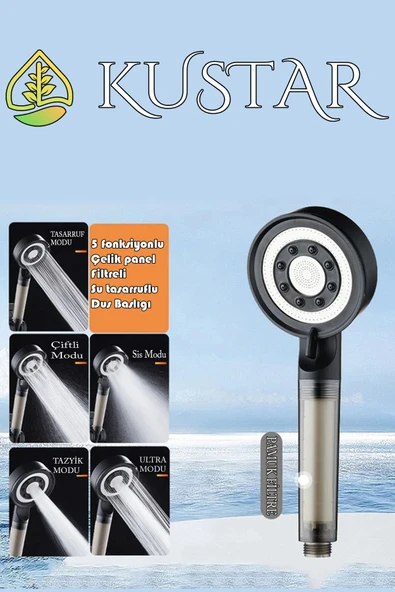 KUSTAR 3'Lü Siyah Çelik Duş Seti Filtreli 5 Fonksiyonlu Duş Başlığı El Duşu 150cm Duş Hortumu ve Duş Askı - 3