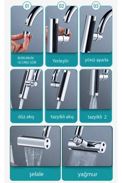 KUSTAR Krom Tasarruflu 4 Modlu Şelale Ayarlanabilir Musluk Başlığı Mutfak Eviye Bataryası Lavabo Bataryası - 3