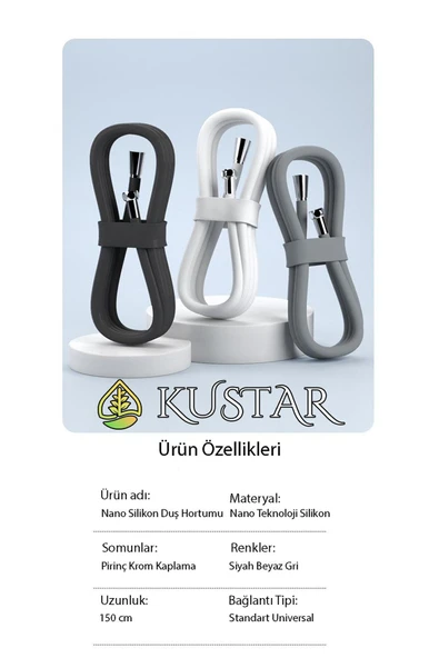 KUSTAR Nano Silikon Patlamaz Yırtılmaz Ezilmez Duş Hortumu 150 cm Gri Banyo Duş Hortumu - 8