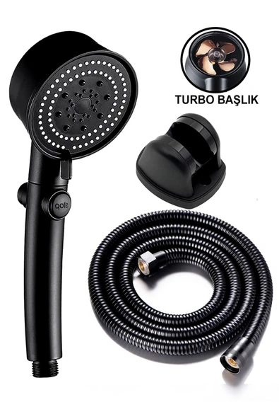 KUSTAR 3'lü Set Siyah 5 Fonksiyonlu Turbo Jet Pervaneli Duş Başlığı Örgülü Hortum Ve Askı