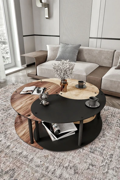 messer Yin Yang Unıty Serenıty Orta Sehpa 3 Lü Safir meşe Madran ceviz  Siyah 90 Cm çap