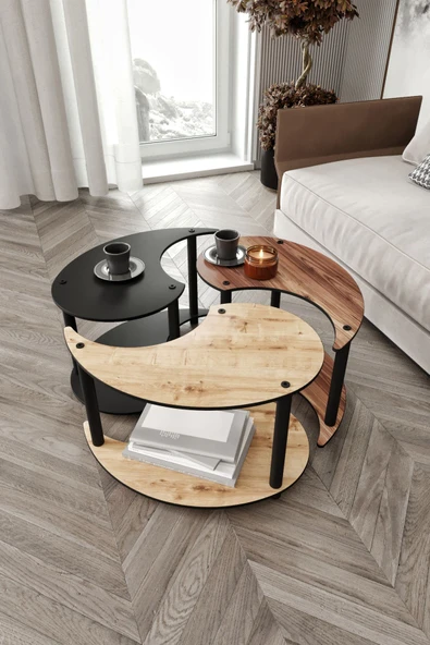 messer Yin Yang Unity Serenity Orta Sehpa 3 Lü Meşe Ceviz Siyah 70 Cm - 4