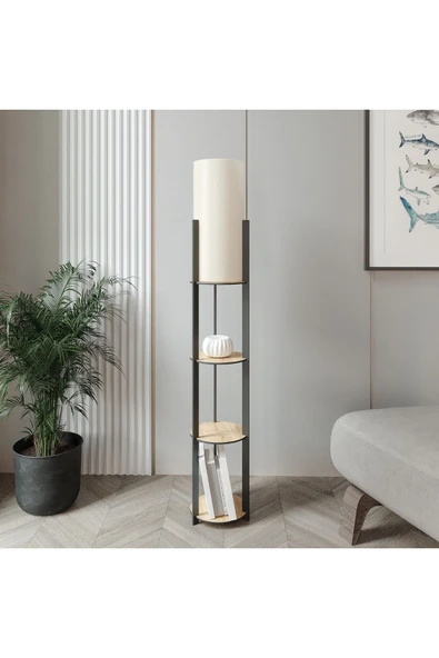 messer Pine Raflı Lambader YUVARLAK Safir Meşe Siyah Ayak - 2