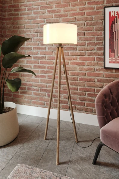 messer Üç Ayaklı Tripod Lambader Yuvarlak Başlık Krem Kahverengi Ayak