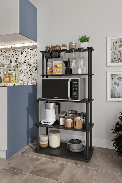 messer Dekoratif MASİVO MIKRODALGA ESSPRESSO 4 Katlı 33 CMx68 CM Dikdörtgen Çok Amaçlı Raf SİYAH