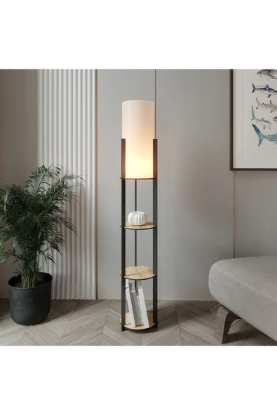 messer Pine Raflı Lambader YUVARLAK Safir Meşe Siyah Ayak