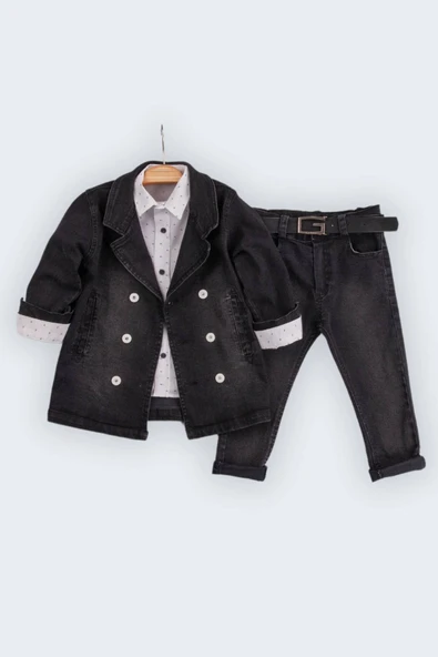 Çift Düğmeli Gömlekli Kemerli 4'lü Erkek Çocuk Kot Takım - 2