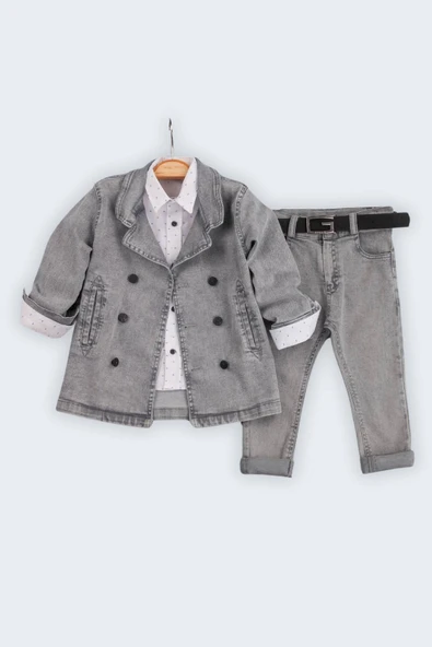 Çift Düğmeli Gömlekli Kemerli 4'lü Erkek Çocuk Kot Takım - 3