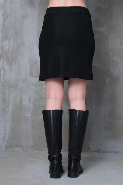 Siyah Yırtmaçlı Mini Etek Esnek Kumaş İç Göstermez Yüksek Bel Boy45cm - 5
