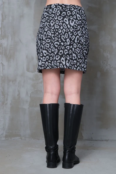 Gri Leopar Desenli Yırtmaçlı Mini Etek Esnek Kumaş İç Göstermez Yüksek Bel Boy45cm - 5