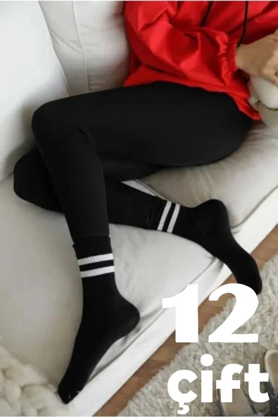 Ünisex 12 Çift Çizgi Şeritli Çorap Set Penye Pamuk Esnek Yumuşak Likralı - 5