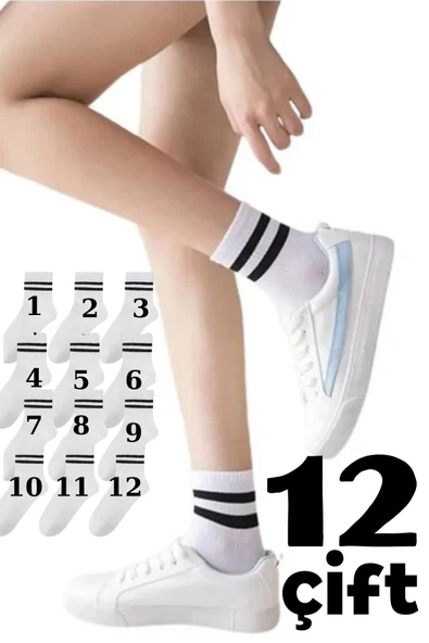 Ünisex 12 Çift Çizgi Şeritli Çorap Set Penye Pamuk Esnek Yumuşak Likralı - 3