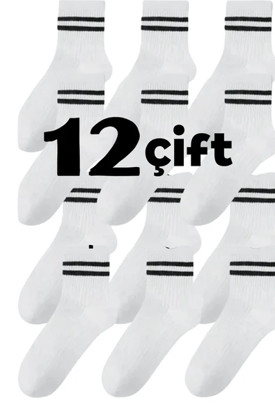 Ünisex 12 Çift Çizgi Şeritli Çorap Set Penye Pamuk Esnek Yumuşak Likralı - 4