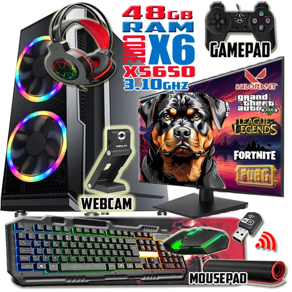 WarboX Rottweiler Xeon X5650 48gb Ram 512gb Ssd R7 240-4gb E.kartı 22" Monitör Gaming Bilgisayar