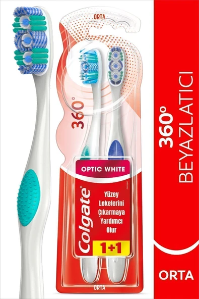 Colgate 360 Optik Beyaz Dil ve Yanak Temizleyicili Orta Beyazlatıcı Diş Fırçası  1+1
