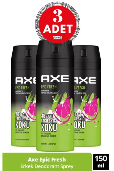 Axe Erkek Deodorant & Bodyspray Epic Fresh 48 Saat Etkileyici Koku 150 ML (3 Adet)