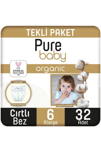 Pure Baby Organik Pamuklu Cırtlı Bez Tekli Paket 6 Numara Xlarge 32 Adet - 8