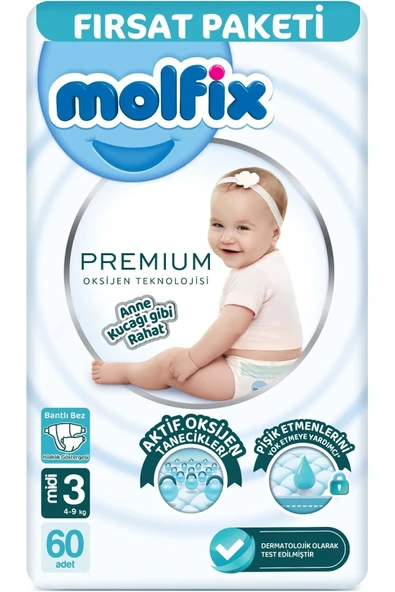 Molfix Premium Bebek Bezi Beden:3 (4-9KG) Midi 60 Adet Fırsat Pk
