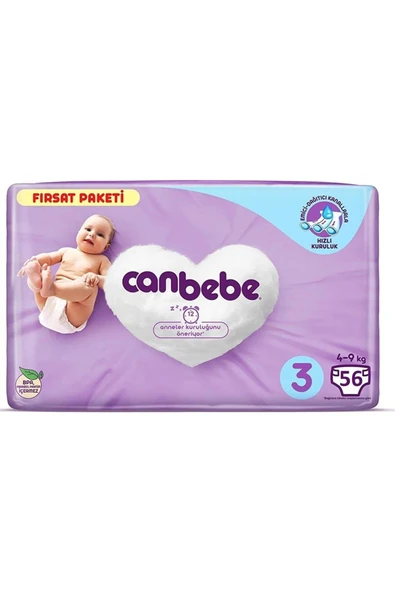Canbebe Bebek Bezi Fırsat Paketi 3 Beden Midi (4-9 KG) 56 Adet ürün görseli