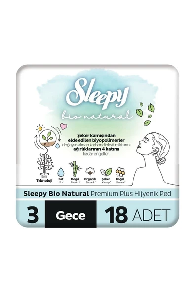 Sleepy Bio Natural Premium Plus Hijyenik Ped Gece 18 Adet Ped