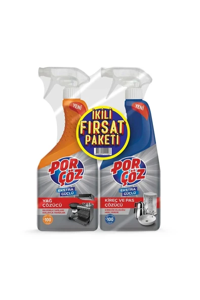 Porçöz İkili Fırsat Paketi Yağ Çözücü Sprey 750 ml + Kireç Ve Pas Çözücü Sprey 750 ml