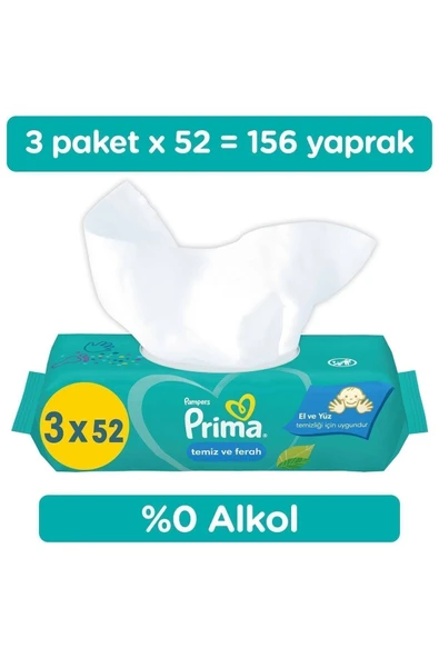 Prima Temiz Ve Ferah Islak Mendil 3 Paket 156 Yaprak Islak Mendil