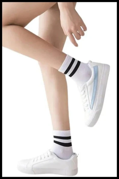 Ünisex Kolej Tenis Spor Çizgili Çorap Beyaz Paket Içeriği 6 Adet Beyaz - 4