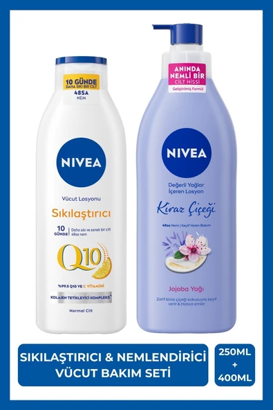 NIVEA Q10 Sıkılaştırıcı C Vitamini Vücut Losyonu 250ml ve Kiraz Çiçeği Vücut Losyonu 400ml, Nemlendirici
