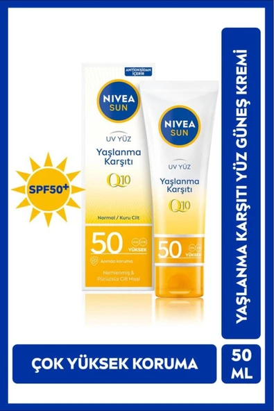 NIVEA Sun Yaşlanma Karşıtı Yüz Kremi 50ml, Spf50, Yüksek Güneş Koruyucu, Kırışıklık Görünümü Engelleyici