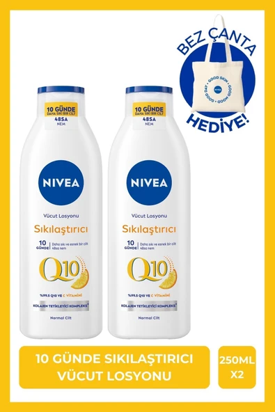 NIVEA Q10 Sıkılaştırıcı Vücut Losyonu 250ml, C Vitamini, Nemlendirici, Esnek Cilt, Çanta Hediye, X2 Adet