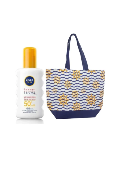 NIVEA Sun Hassas Aninda Koruma Gfk 50+ Güneş Alerjisine Karşi Sprey 200 Ml + Plaj Çantası 32x45 Cm Hediye
