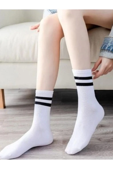 Ünisex Kolej Tenis Spor Çizgili Çorap Beyaz Paket Içeriği 6 Adet Beyaz - 3