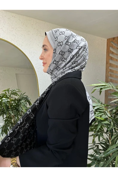 İpeksi Jakarlı Çift Taraflı Gümüş-Siyah Şal