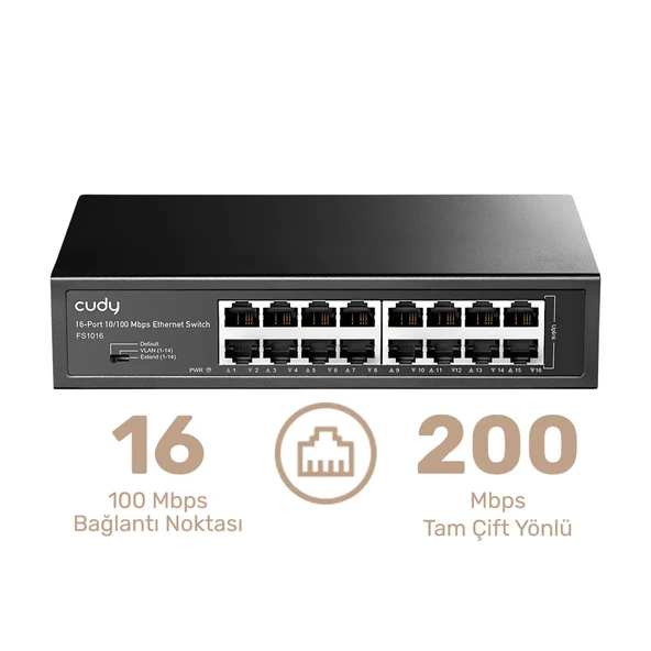 Cudy FS1016 16Port 10/100Mbps 1,6 Gb/sn Metal Kasa Rackmount Masaüstü Switch - 8