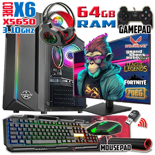 WarboX Monkey Xeon X5650 64gb Ram 256gb Ssd 250gb Hdd R7 240-4gb E.kartı 19" Monitör Gaming Bilgisay