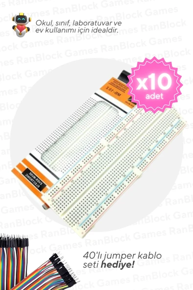 10'lu Paket 830 Pin Büyük Boy Breadboard - Okul ve Sınıflar için MEB Uyumlu