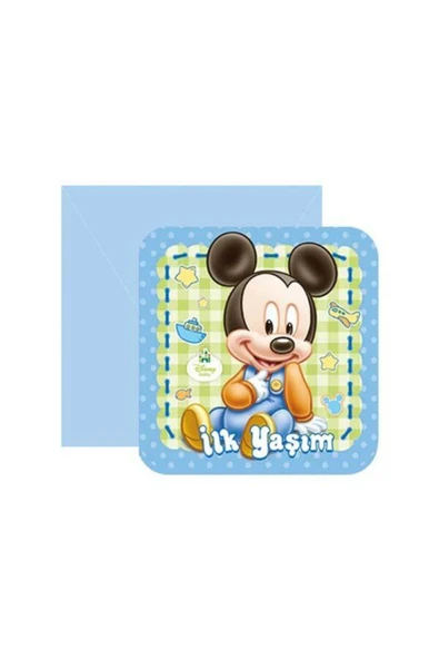 PARTİOUTLET Ilk Yaşım Baby Mickey Mouse Davetiye 6 Adet