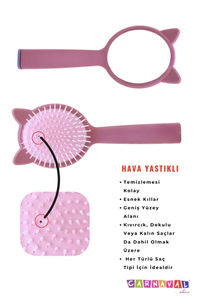 CARNAVAL Oval Kedi Figürlü Hava Yastıklı Aynalı Saç Fırçası - 2