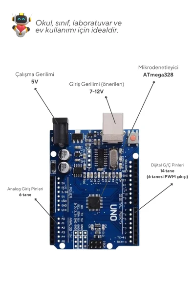 25'li Paket Arduino UNO R3 CH340 Programlanabilir Geliştirme Kartı - Okul ve Sınıflar için MEB Uyumlu - 3