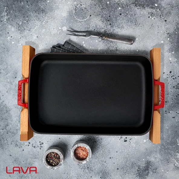 Lava LV P TP 2640 K4 O Ahşap Altlıklı 26x40 cm Kırmızı Döküm Dikdörtgen Fırın Tepsisi - 6