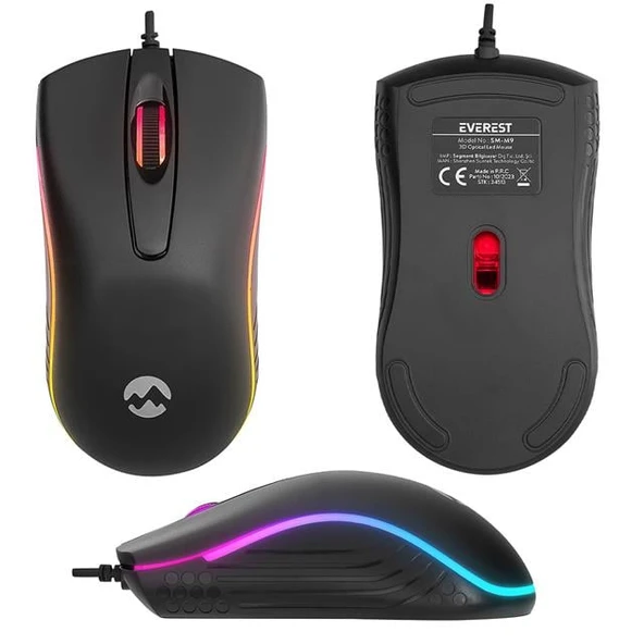 Everest SM-M9 1000 DPI USB RGB Rainbow Ledli Siyah 3D Optik Led Mouse - 4