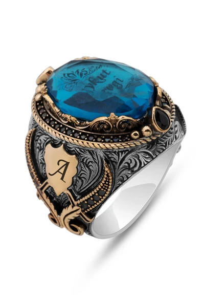 Kişiye Özel İsimli Mavi Taşlı 925 Gümüş Erkek Yüzük - Resim 2