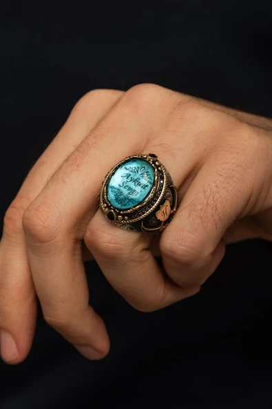 Kişiye Özel İsimli Mavi Taşlı 925 Gümüş Erkek Yüzük ürün görseli