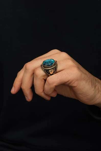 Kişiye Özel İsimli Mavi Taşlı 925 Gümüş Erkek Yüzük - Resim 5