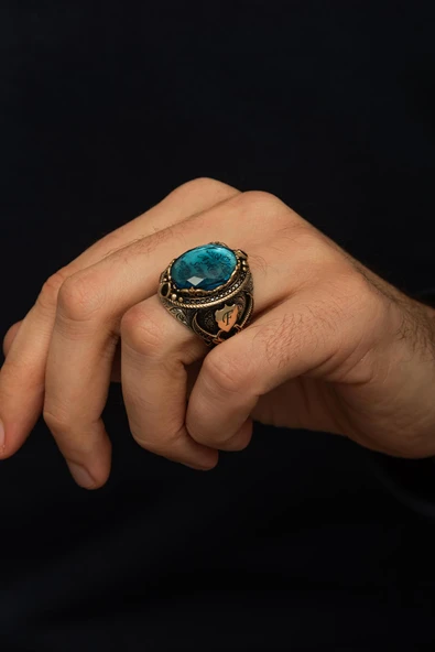 Kişiye Özel İsimli Mavi Taşlı 925 Gümüş Erkek Yüzük - Resim 6